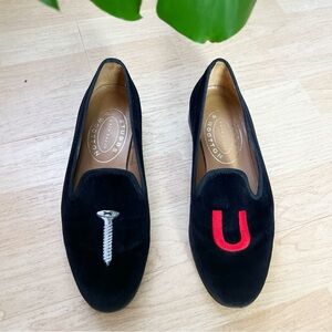 Stubbs & Wootton Black Loafers with Red and Silver Embroidery